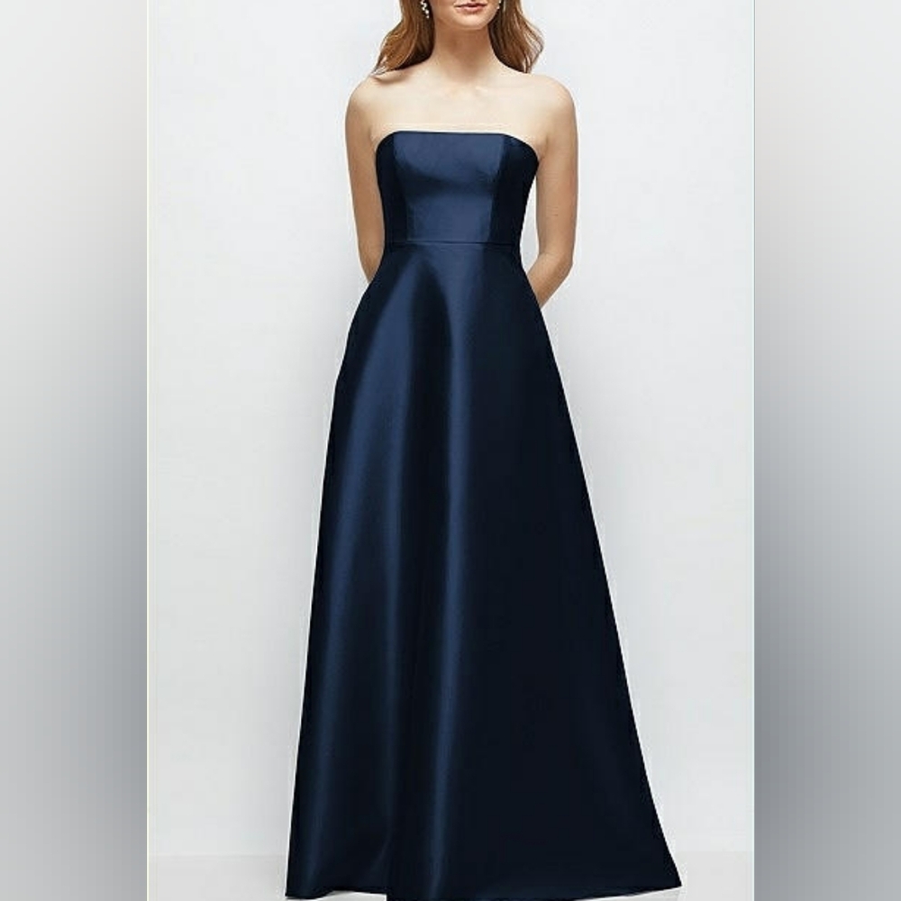 ALFRED SUNG Exquisite Midnight Blue Strapless Satin Gown(Sale)